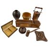 Image 1 : Vintage Treen Collection: Wood Vase, Bucket, Carved Trivet, Bento Box, Gavel, Mail Organizer & More