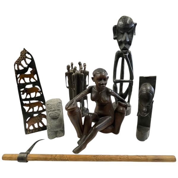 Collection of Vintage African Carved Wood Art Includes Several Tribal Figures, Pick and More