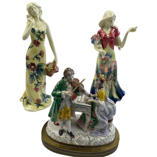 Trio of Porcelain Figurines Dresden Style People Playing Piano & Pair of Capodimonte Inspired Women