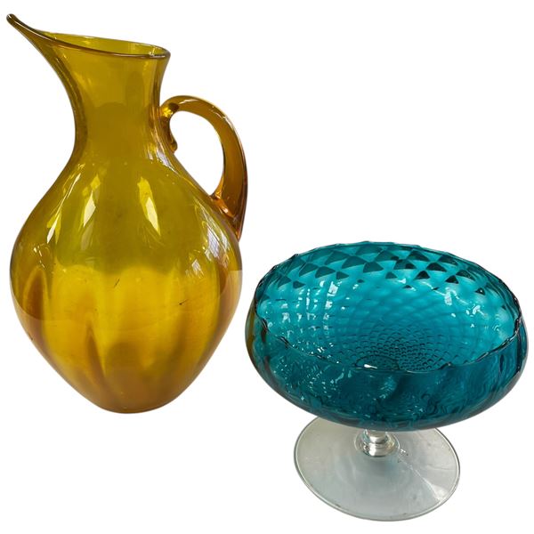 Blenko Style Amber Pitcher 12.5-Inch & Empoli Style Turquoise Blue Glass Pedestal Bowl