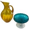 Image 1 : Blenko Style Amber Pitcher 12.5-Inch & Empoli Style Turquoise Blue Glass Pedestal Bowl