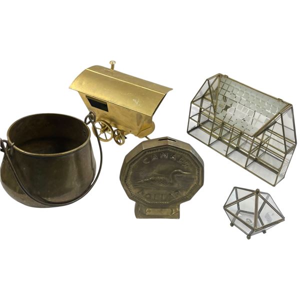 Vintage Brass: Pot, Loonie Piggy Bank, Wagon & Glasses Boxes with Brass Accents