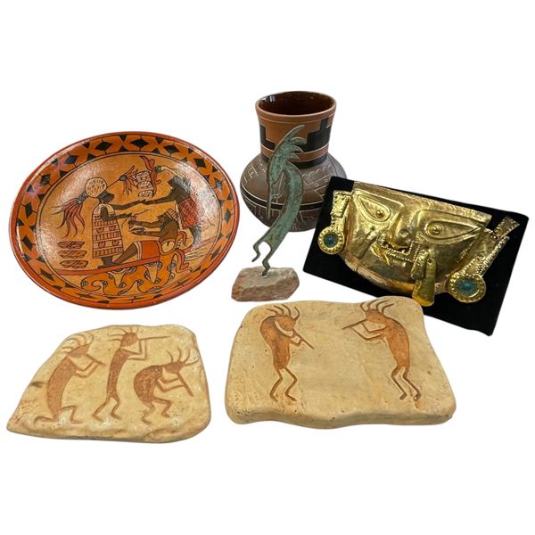 Collection of Ceramic Items Styled after Ancient Maya Artifacts Bowl Vessel & Plaques