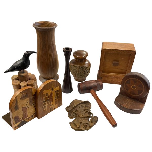 Collection of Wood Artifacts: Clock, Book Ends, Bird, Vases, Sailor Cameo & Gavel