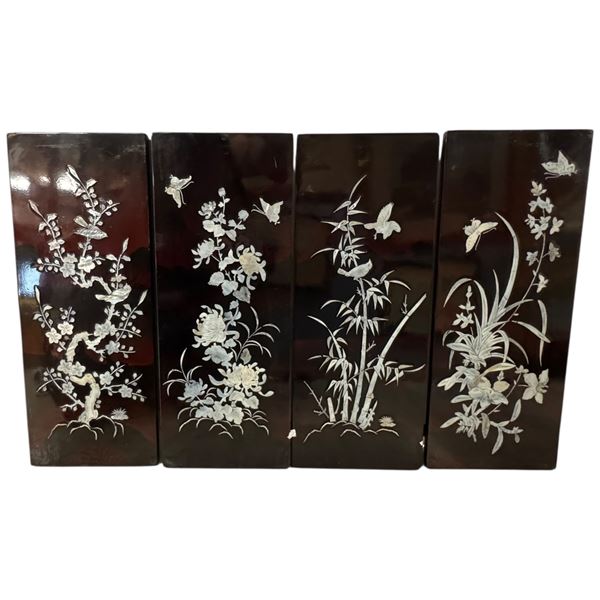 4 Panels Vintage Chinese Black Lacquer Wall Panels Mother-of-Pearl Inlay 8-Inch X 18-Inch Each