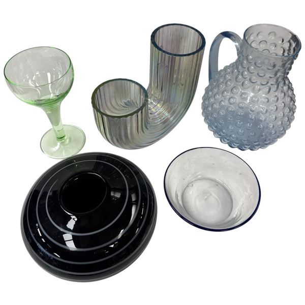 Assorted Decorative Art Glass Pieces: Vases, Jug Bowls & Goblet Blue Jug 9-Inch