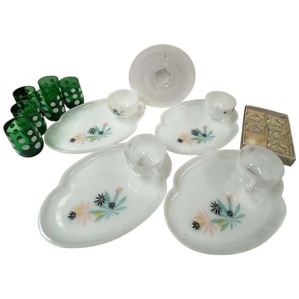 Federal Glass Atomic Flower Milk Glass Snack Set 1950s Crystal Salters & MCM Green Glassware