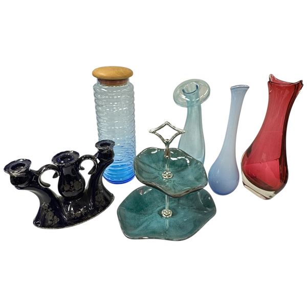 Glass & Pottery Pieces: Vases, BMP Serving Tray, Candlestick Holders & Pasta Jar Tallest 12-Inch