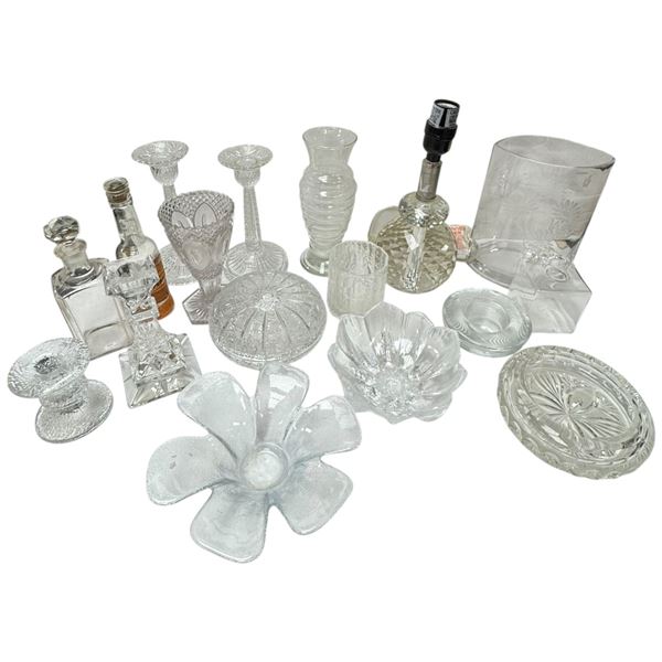 Assorted Glassware Lot: Crystal, Pressed, Vases, Bowls, Lamp, Dishes & More.  Lamp is 10.5"
