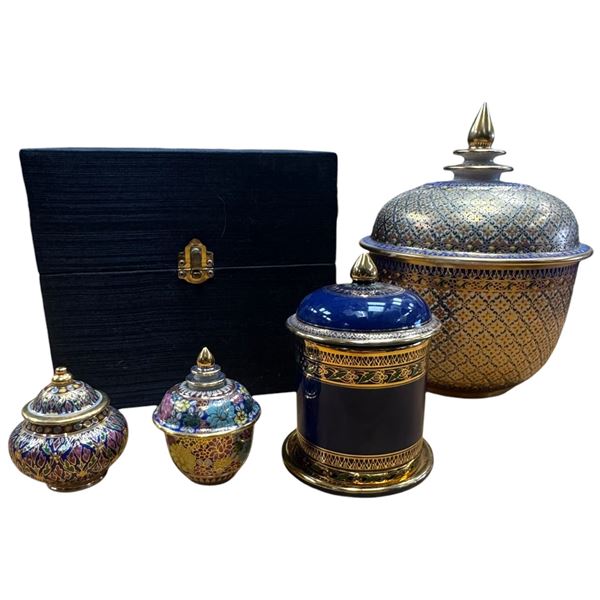 Traditional Thai Benjarong Porcelain Bowls Hand-Painted Ceramic Lidded Jars Narai Phand 9-Inch