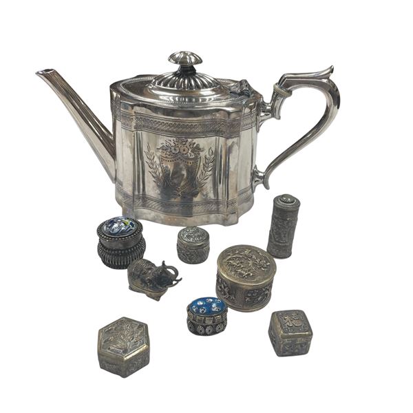 Vintage Silver Plated Teapot & Collection of 7 Small Trinket Pill Boxes