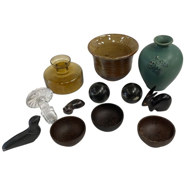 Decorative Items: Wood Bunny, Porcelain Cat, Soapstone Seal, Frog Pottery Vase 4.75-Inch, & More