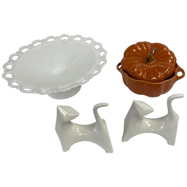 Porcelain & Glass Lot: Cat Lady Cats, Anchor Hocking Milk Glass Cake Tray & Staub Pumpkin Lidded ...