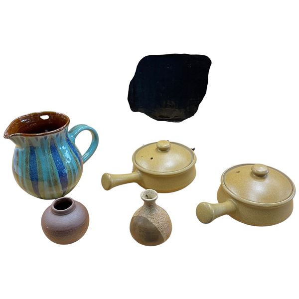 Ceramics & Pottery Collection: Denby Handled Soup Bowls, Glazed Jug, 2 Small Vases & Plate