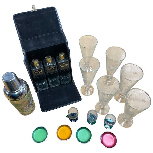 Mid-Century Bar Collection: Martini Shaker Cocktail Glasses Picnic Decanters & Czech Glasses