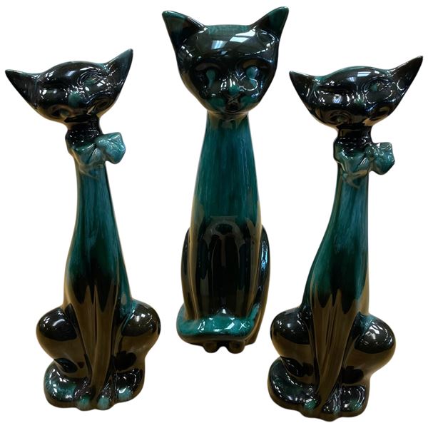 Blue Mountain Pottery Green Glazed Cat Trio Tallest 14-Inch