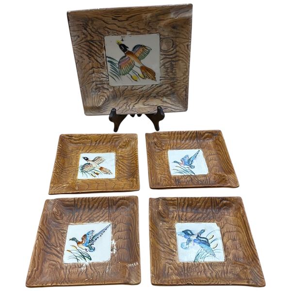 Set of 4 Elbro Porcelain Ashtrays Made in England Pheasant Wood Theme Largest 7x7-Inch