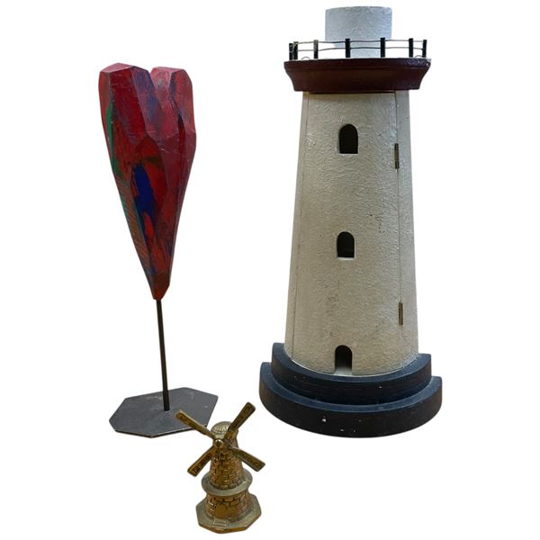Decorative Home Decor: Wood Lighthouse with Internal Shelves Red Wood Flower & Small Brass Windmill