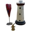 Image 1 : Decorative Home Decor: Wood Lighthouse with Internal Shelves Red Wood Flower & Small Brass Windmill