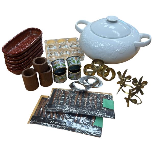 Home Decor & Dinner Service Items: Large White Ceramic Vase 6.5-Inch, Napkin Rings, Baskets & More