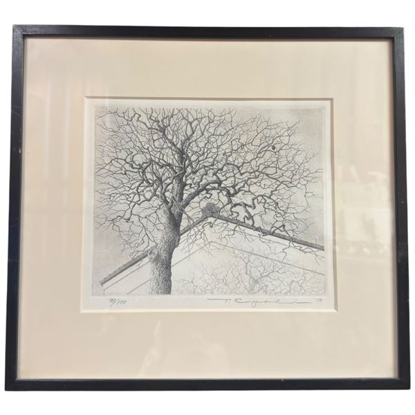 Vintage Framed Etching Ryohei Tanaka Signed 1978 Limited Print 98/150 Treetops and Rooftops