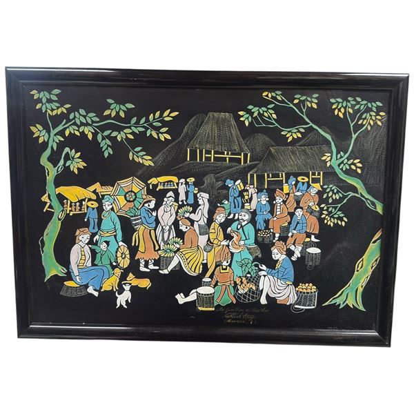 Chinese Peasant Painting Hand-Painted Lacquer Board Traditional Scene 21.5 IN 15.6 IN