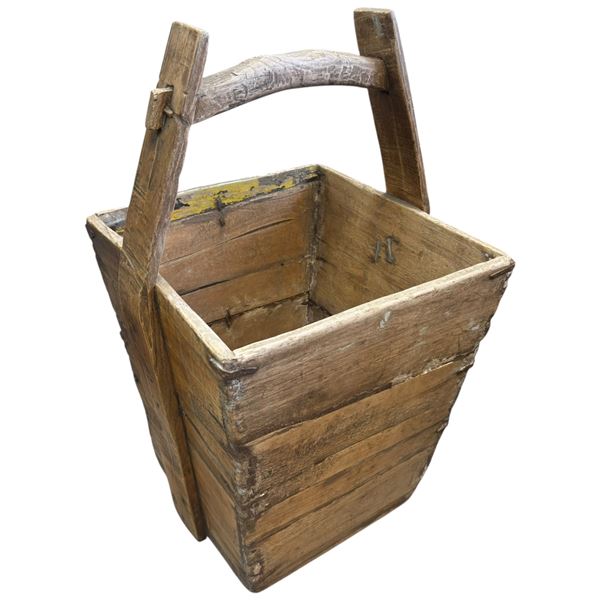 Antique Grain or Water Bucket with Square Panel Construction and Solid Wood Handle
