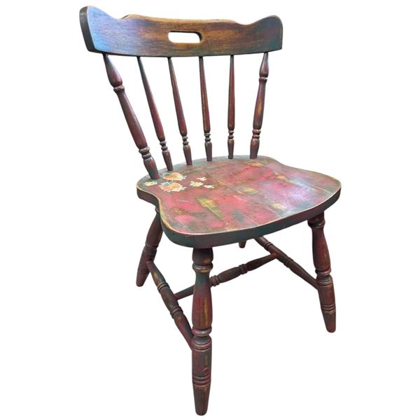 Vintage Windsor Style Chair Folk Art Painted Arched Back Turned Spindles Shaped Seat
