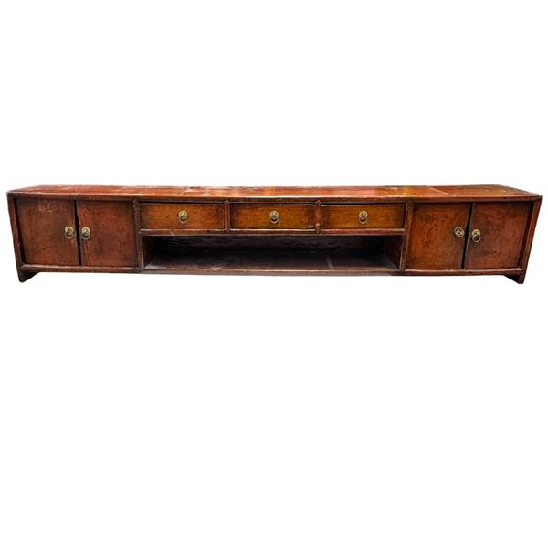 Vintage Antique Chinese Console or Sideboard Cabinet is Typically Crafted from Wood W Red Patina