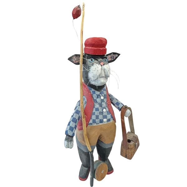 Vintage Signed Thompson Canadian Folk Art Fisherman Figurine 22-Inch Tall Hand-Painted