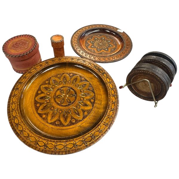 Polish Folk Art Wooden Plates Leather Coasters & Leather Lidded Containers