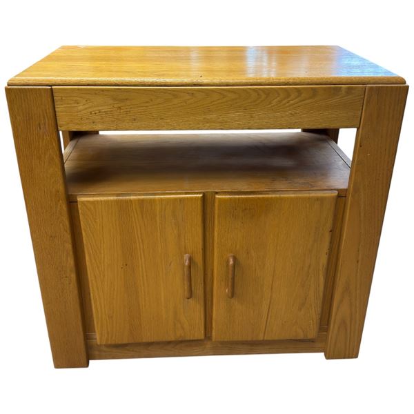 Wood Storage TV Cabinet Features a Top Surface, an Open Shelving Area, and Two Lower Doors for En...