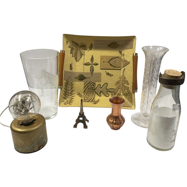 Assorted Decorative Collectables: Mid-Century Modern Dish, Antique Milk Jug, Ski Vase, Lamp & More