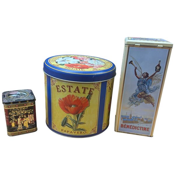 Trio of Three Vintage Collectible Tins: Benedictine Tin, Estate Autu Papvero Cylinder Tin & Chino...