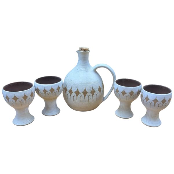 Vintage Ceramic Decanter Set MCM Era Furness Pottery 7.5-Inch Flask & Matching Goblets