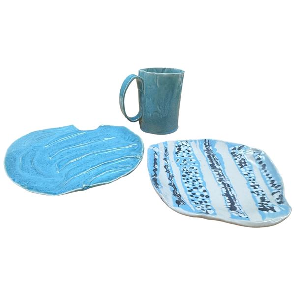 Studio Pottery Trio Jug & Plates Signed MJM & LC Jug 5-Inch Tall