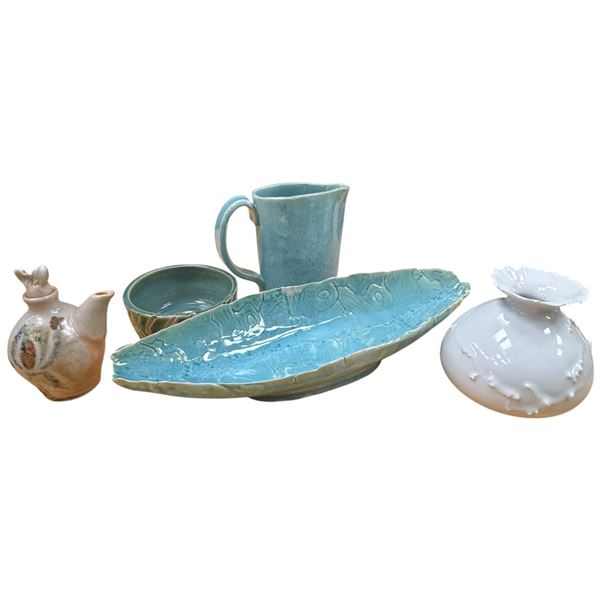 Studio Pottery Grouping: Vases. Jug, Bowl & Centerpiece Plate 14" Long and Oil Jug