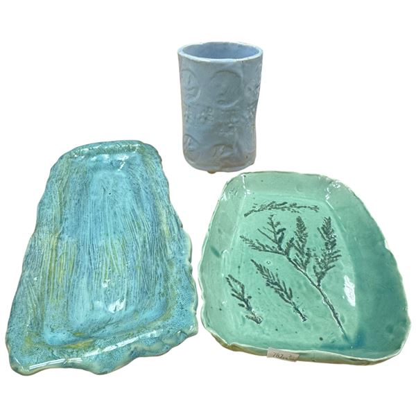 Studio Ceramic Glazed Pottery Trio Vase 6-Inch Tall & Plates Signed Pieces