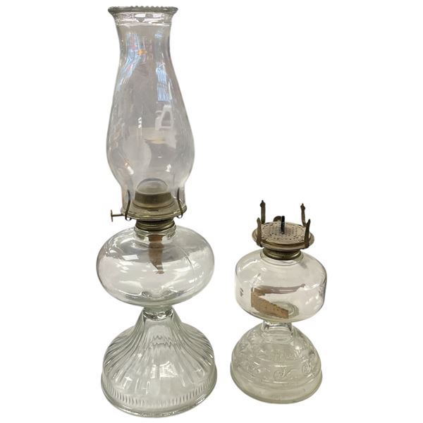 Duo of Antique Glass Oil Lanterns One Missing Chimney Tallest 18-Inch