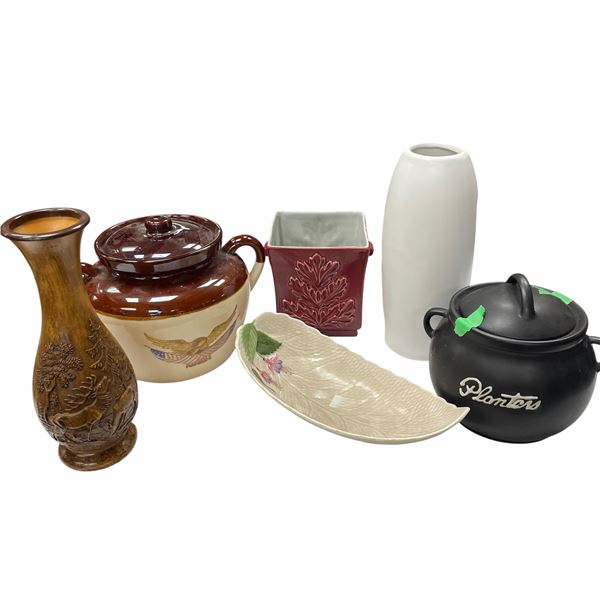 Assorted Collectables: Bean Pot, Elk Themed Composite Vase, Crown Devon, Planters Peanuts Jar & More