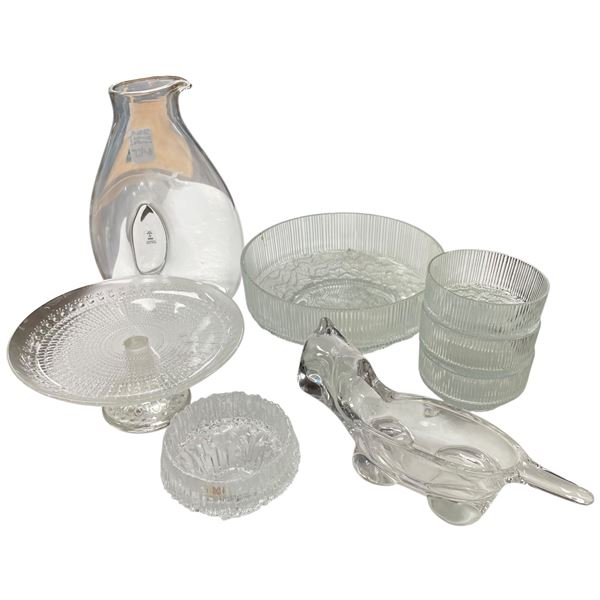 Glassware Collection: Skruf Decanter, Ravenhead Topaz Bowls, Crystal Cat & Vintage Cake Plate