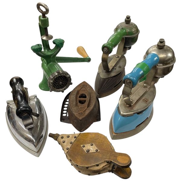 Collection of 4 Vintage Irons Meat Grinder & Small Bellows