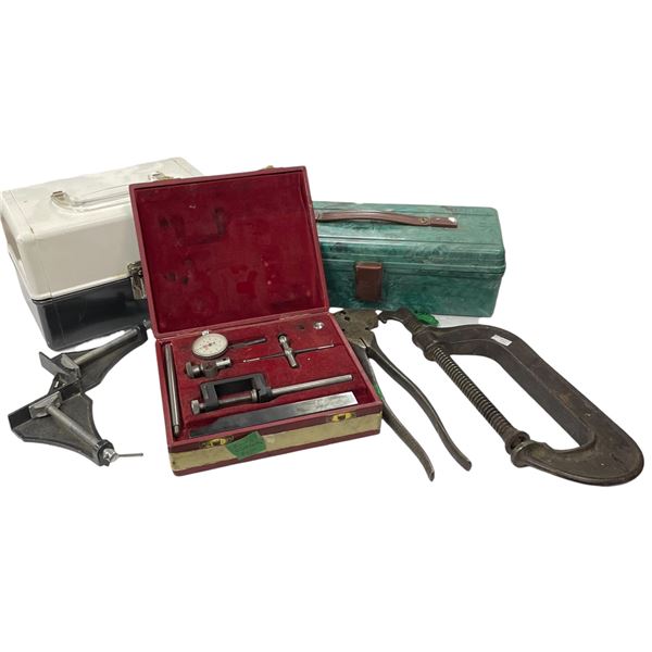 Colllection of Vintage Tools and Boxes Plunger Dial Vice, Bakelite Toolbox & Fencing Tool & More