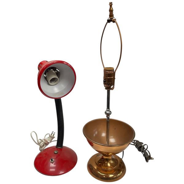 Goose Neck Red Vintage Lamp with Copper Bowl Base