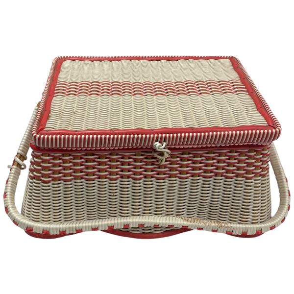Vintage Sewing Basket Red and White Wicker Construction
