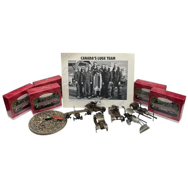Mixed Lot: Bobsled Team Autographs, Hallmark Christmas Train Ornaments & Spark Plug Cars