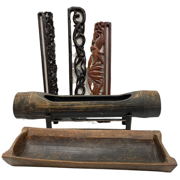 Two Centerpiece Bamboo Pieces & 3 Wood Carved Scroll Hangers