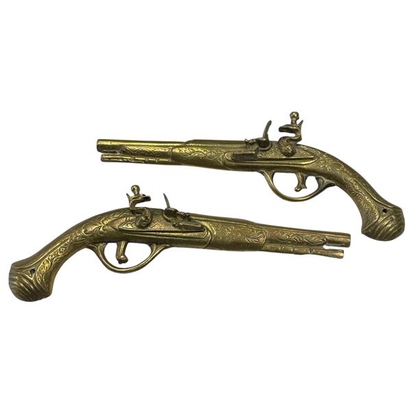 Pair of Brass Wall-Hanging Black Powder Pistols 13-Inch Long