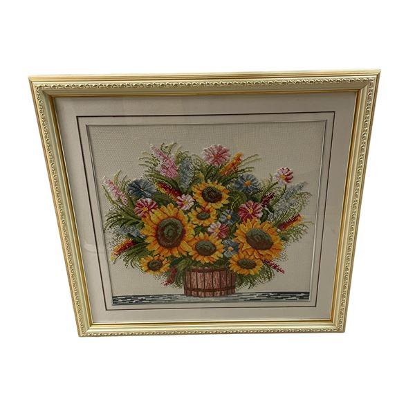 Large Framed Needlepoint Vintage Still Life Floral 32 IN X 30.5 IN