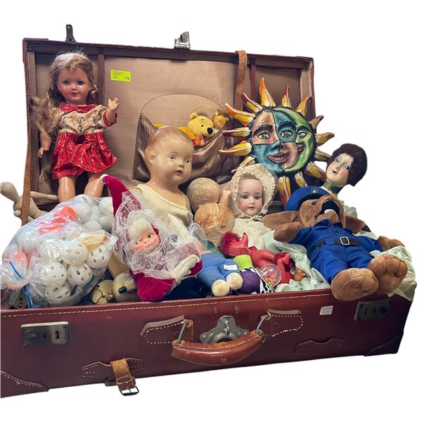 Luggage Case Full of Assorted Vintage Toys: Dols, Plush, Golf Balls and More